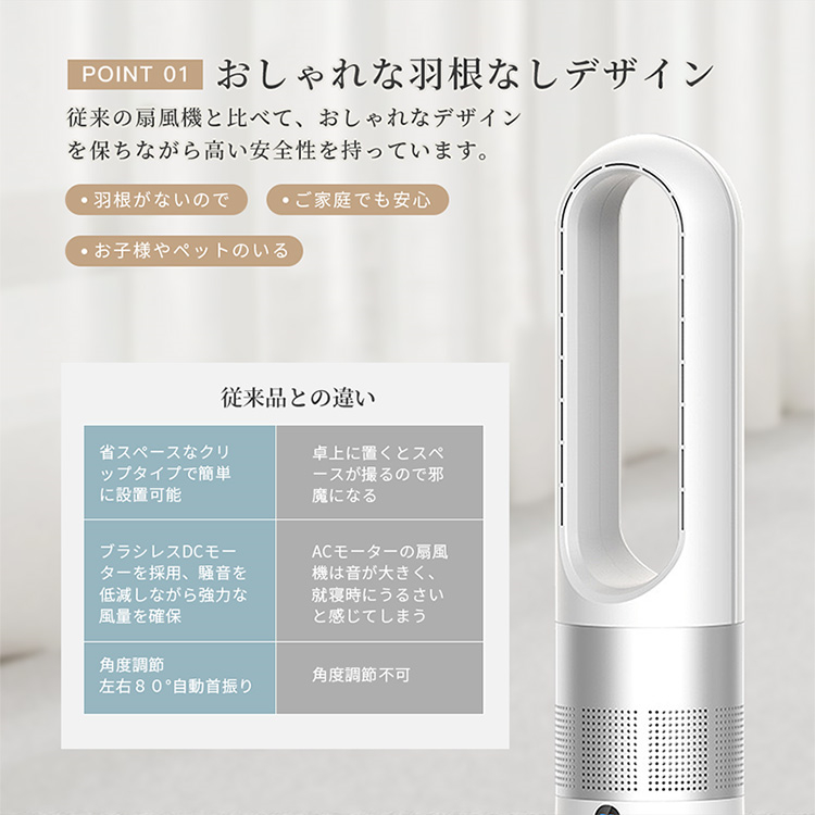 タワーファン 扇風機 8段階風量 羽根なし扇風機 空気清浄機 静音