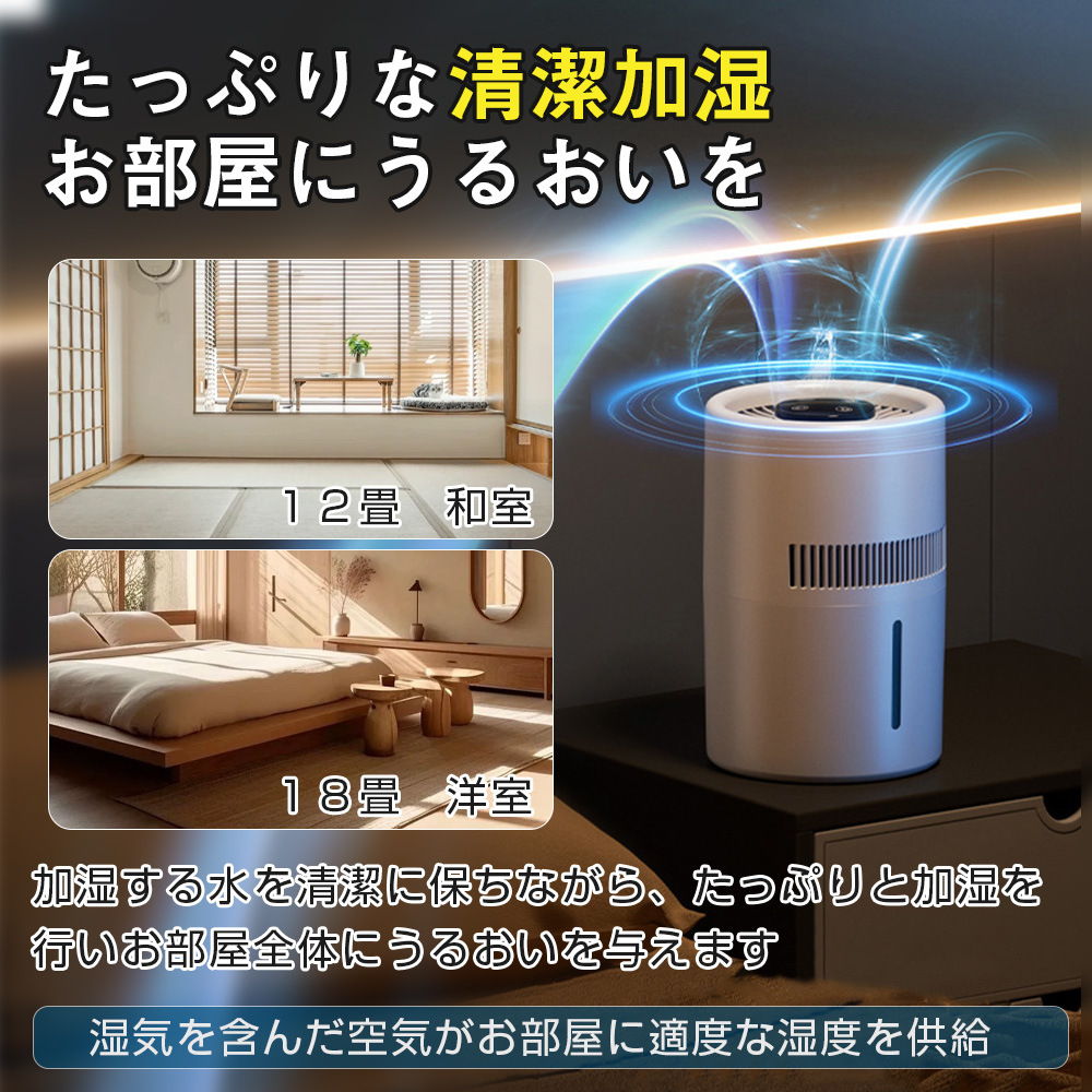加湿器 気化式加湿器 空気清浄機 99％濾過 大容量 4L 20畳対応 4重除菌
