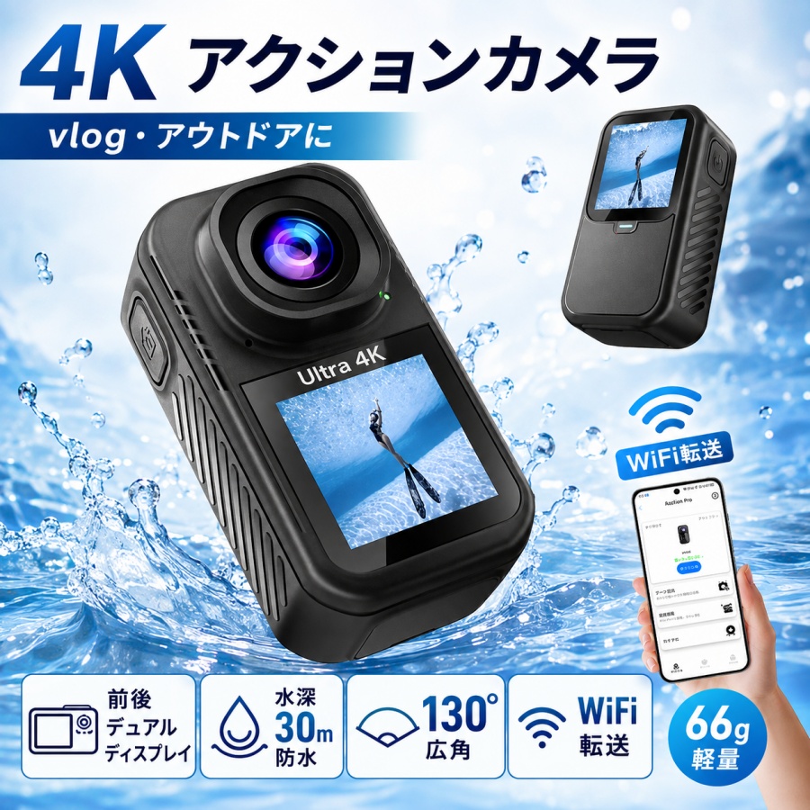 アクションカメラ 4K 防水 30m WiFi転送 前後デュアルディスプレイ 130
