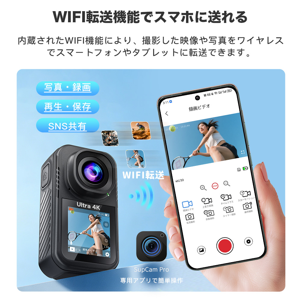 アクションカメラ ウェアラブルカメラ バイク用 WiFi対応 小型 防水