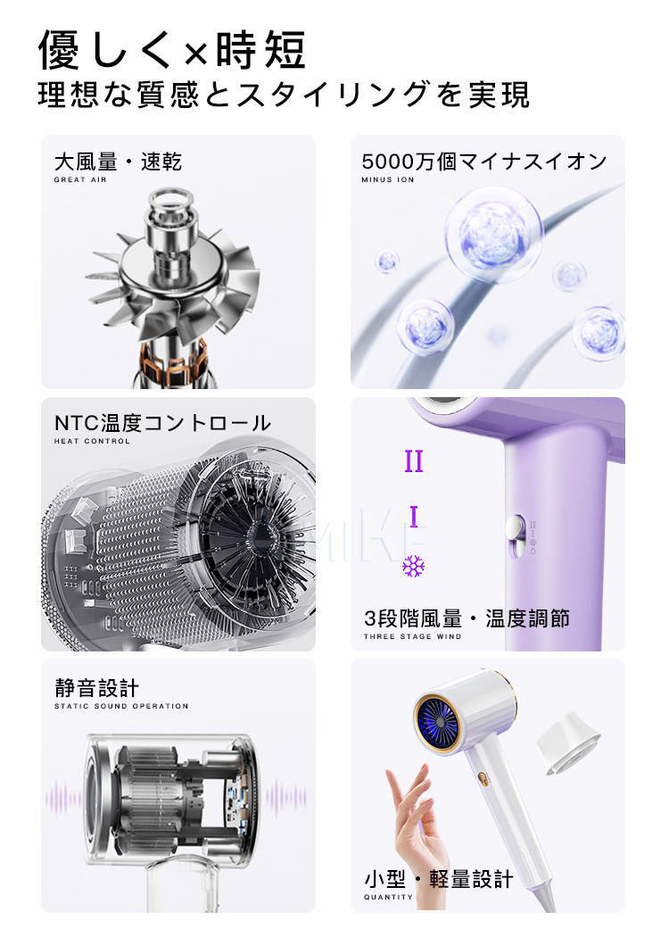 ドライヤー マイナスイオン 1600W 静音設...の詳細画像2