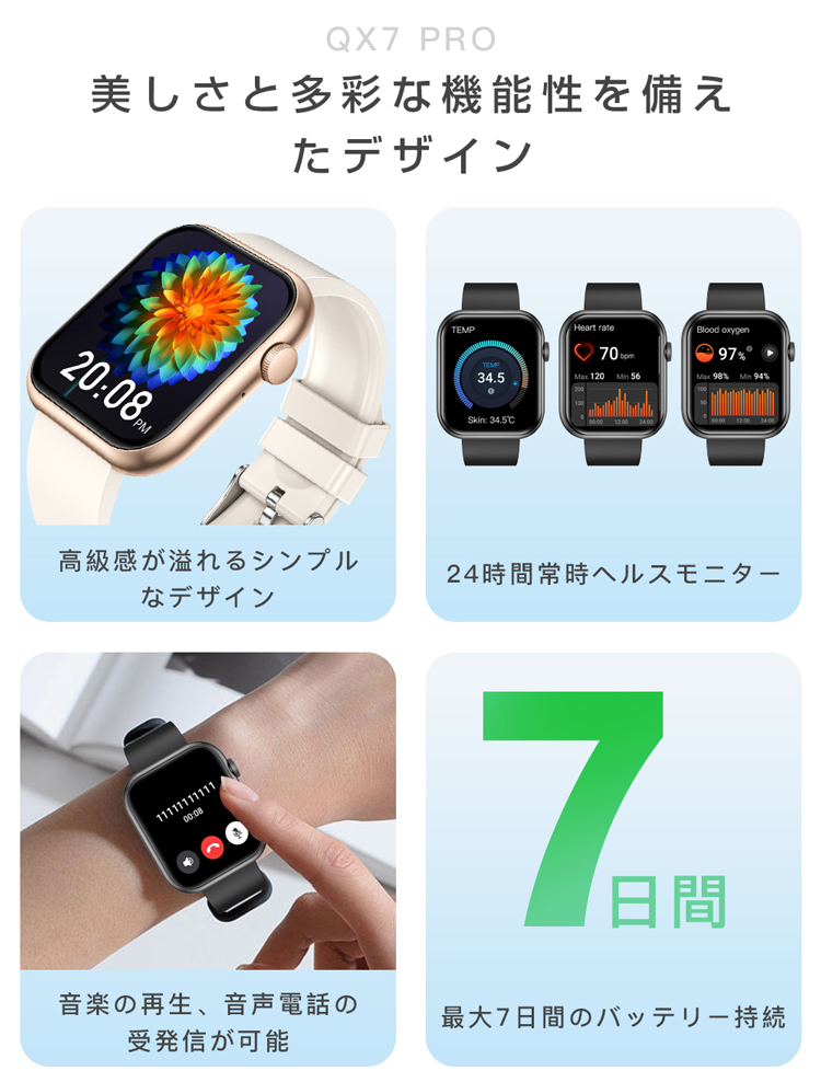 腕時計 スマートウォッチ 通話 体温 血圧 血中酸素 心拍計 日本語