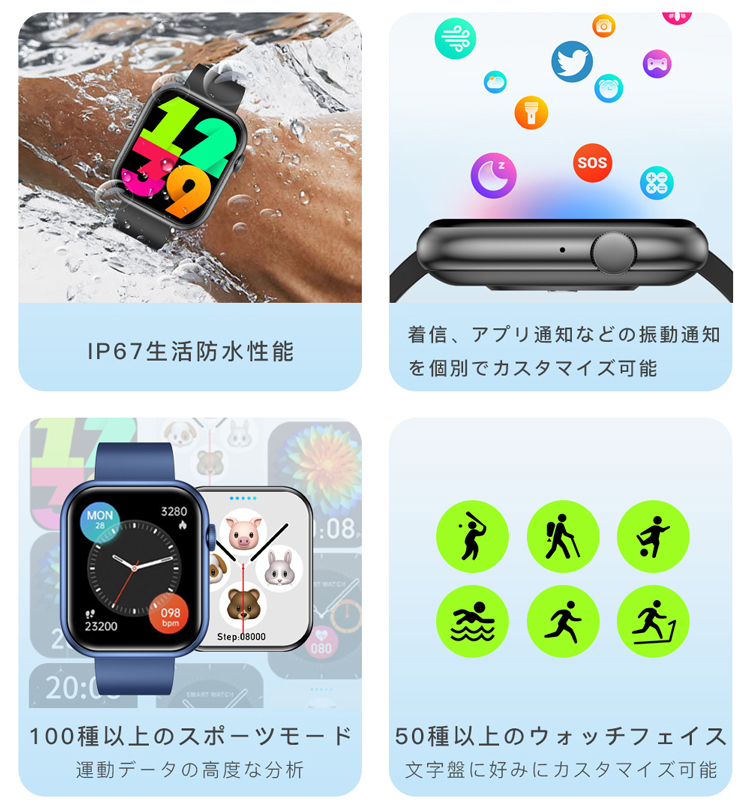 スマートウォッチ 通話 体表面温度 日本製センサー 2.0インチ 心拍計 日本語 スマートブレスレット iphone android 対応 睡眠 歩数 着信通知｜ipharmajapan｜09