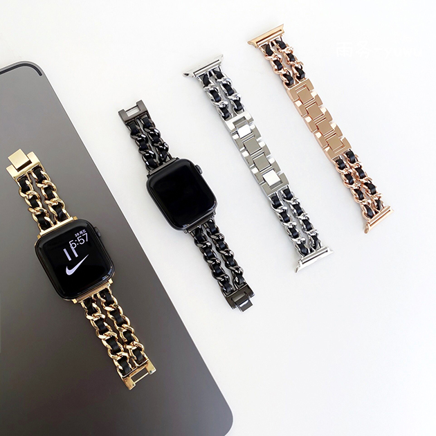 Apple Watch 9 SE バンド 女性 アップルウォッチ Ultra バンド 45mm チェーン ベルト 40mm 44mm 革 レザー 二重｜iphone-e-style｜17