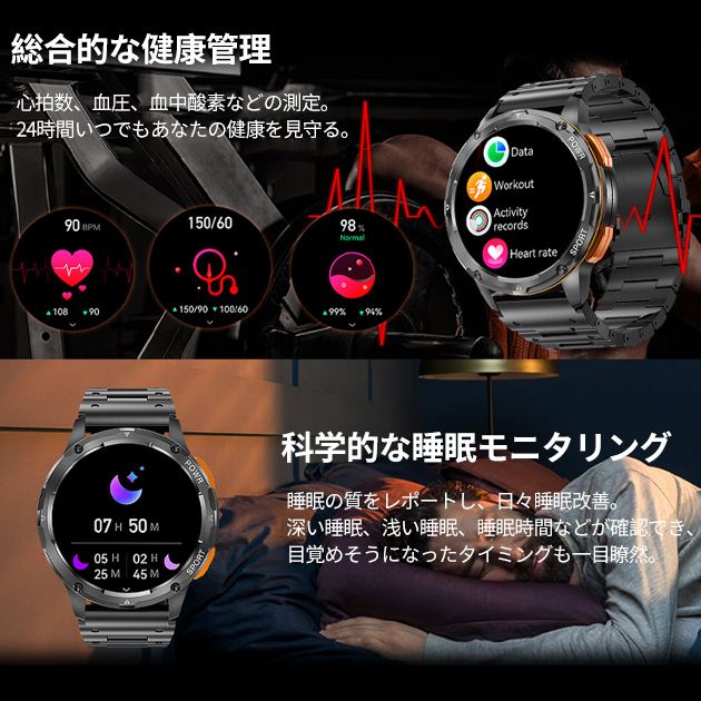 2024最新 スマートウォッチ 日本製センサー 通話機能 軍用規格 丸型 血圧測定 体温 心拍数 メンズ GPS LINE 万歩計 腕時計 健康管理 ヘルスウォッチ｜iphone-e-style｜16