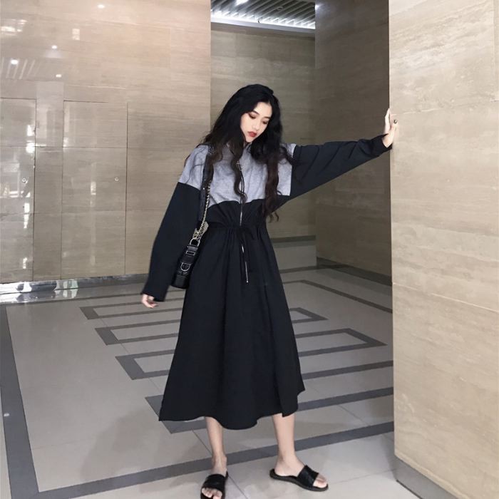 ワンピース ロング ひざ下丈 長袖 バイカラー ブルー ホワイト ブラック ウエストマーク ゆったり 送料無料 |  | 02