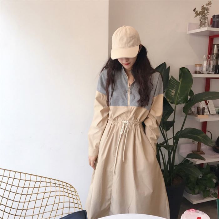 ワンピース ロング ひざ下丈 長袖 バイカラー ブルー ホワイト ブラック ウエストマーク ゆったり 送料無料 |  | 01