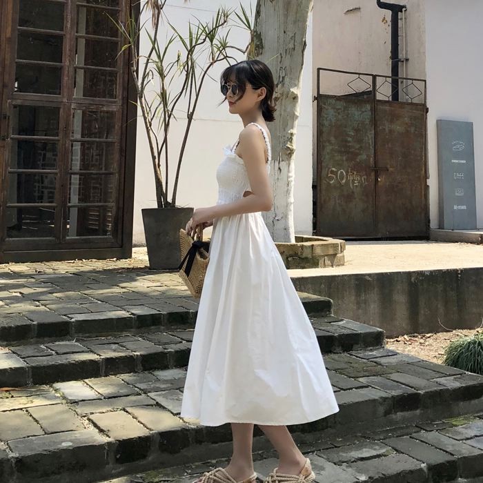 ワンピース キャミワンピース ミモレ丈 ノースリーブ フレア Aライン シャーリング ギャザー ガーリー 可愛い 送料無料 |  | 01