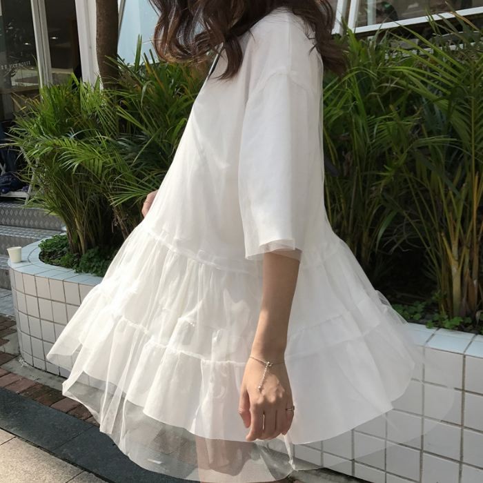 ワンピース ミニ丈 ロングTシャツ 五分袖 半袖 チュール フレア Aライン ピンク オレンジ ホワイト 白 シンプル 送料無料 |  | 03
