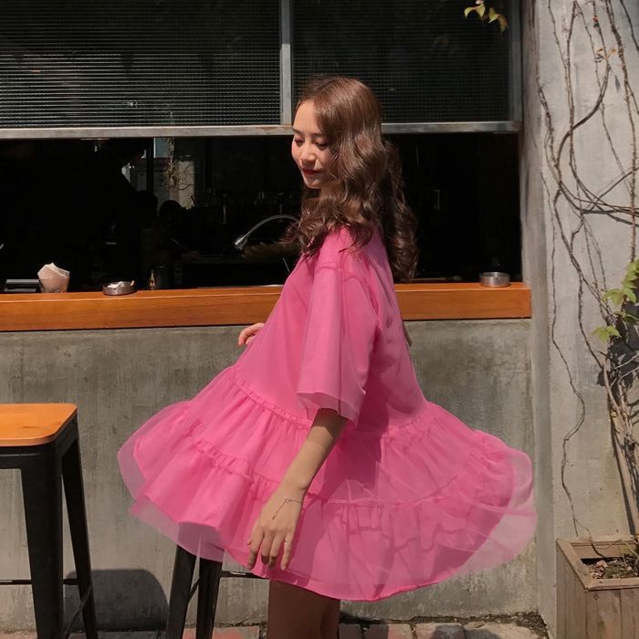 ワンピース ミニ丈 ロングTシャツ 五分袖 半袖 チュール フレア Aライン ピンク オレンジ ホワイト 白 シンプル 送料無料 |  | 02