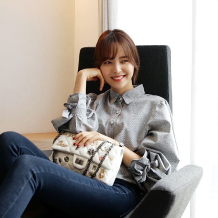 ブラウス シャツ レディース ストライプ バルーン袖 かわいい リボン