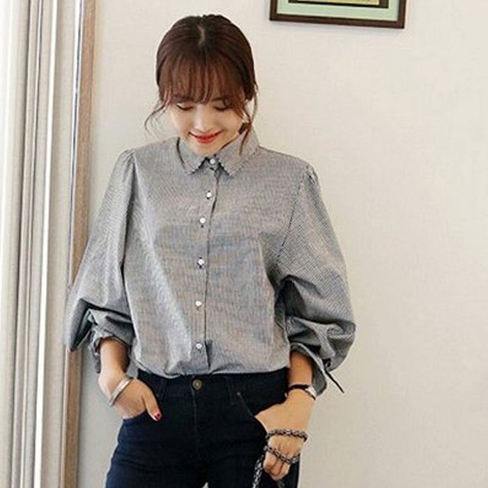 ブラウス シャツ レディース ストライプ バルーン袖 かわいい リボン