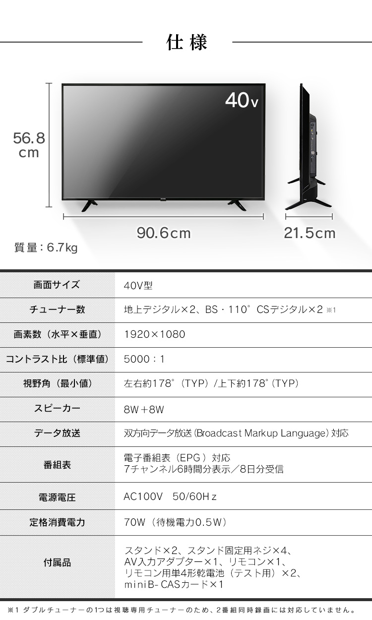 テレビ 40インチ アイリスオーヤマ 液晶 テレビ 40型 Wチューナー 裏