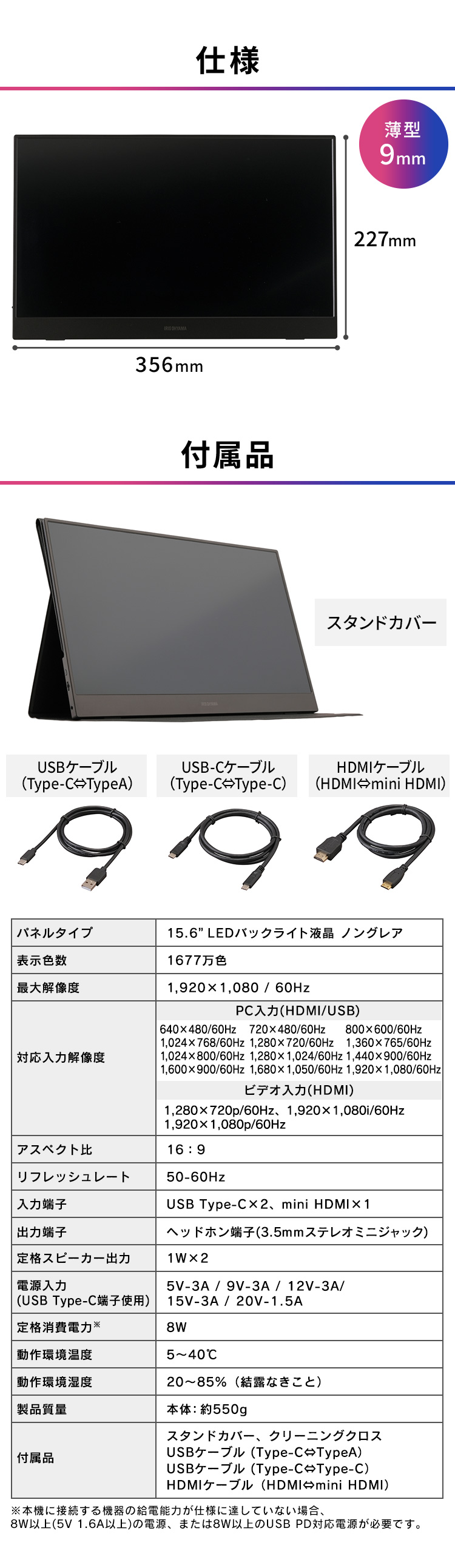 モニター 15.6インチ アイリスオーヤマ FHD 1080p 1677万色 軽量 Mini