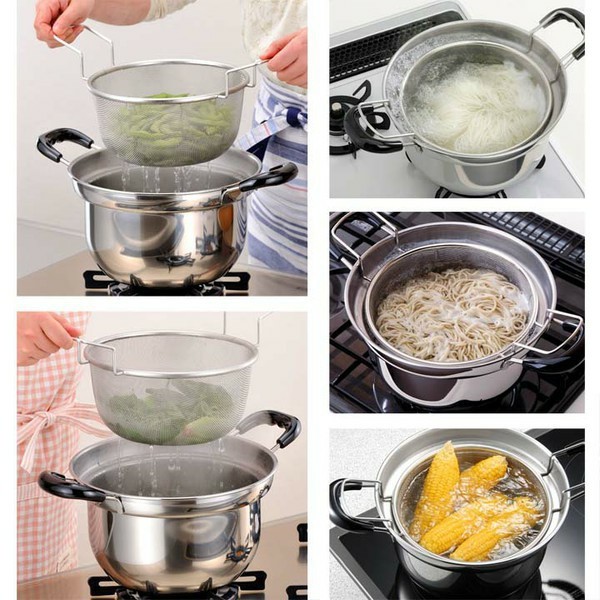 IH対応ステン製 寸胴鍋 両側ハンドル付き ザル付き 鍋深さ20cm直径20cm 鍋 IH対応 ゆで名人 ザル付両手鍋 22cm 27045 下村企販 ステンレス