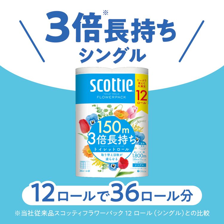 スコッティトイレットペーパートイレットロール長巻長尺3倍長持ちコンパクトシングル150mスコッティフラワーパック3倍長持ちトイレットロール150m12ロール(シングル) 