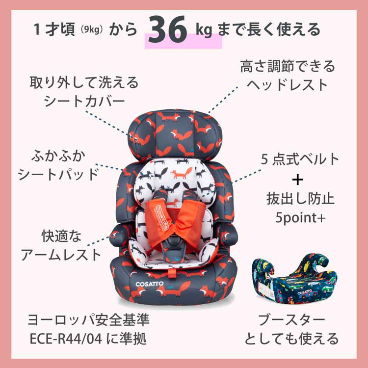 チャイルドシート抜け出し防止1才からジュニアシート36kgまで車お出かけかわいい5点式ベルトブースターEU安全基準R44.04衝撃保護Zoomi（ズーミー）cosatto（コサット）