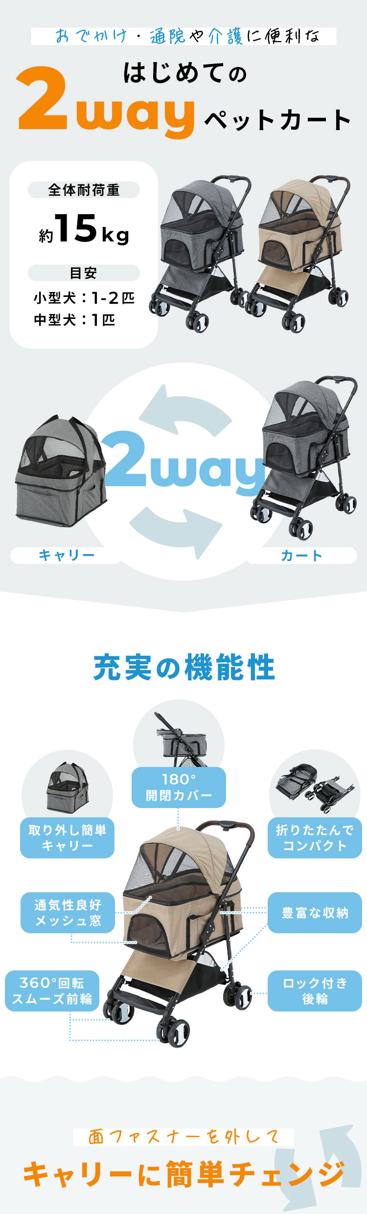 ペットカート 2way ペット用 カート 折り畳み 分離型 犬 猫 キャリー