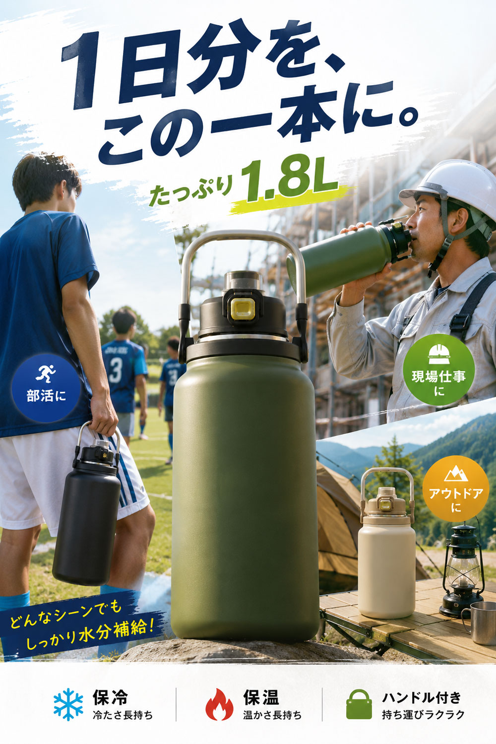 水筒とひまわりのセット 大容量1.8Lサイズ】水筒 真空断熱 ステンレスボトル ハンドル付き 2way