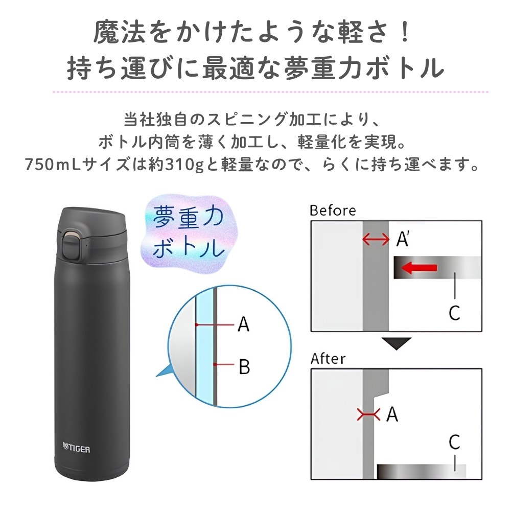 タイガー魔法瓶 水筒 真空断熱ボトル 750ml ワンプッシュ 軽量 食洗機