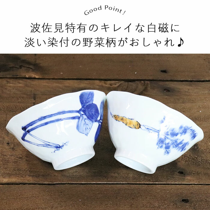 飯碗 2客セット 手描き 染付 陶磁器 走波 波佐見焼 手描き 野菜 飯碗 茶碗 ご飯茶碗 ペア 2柄セット 径12cm 日本