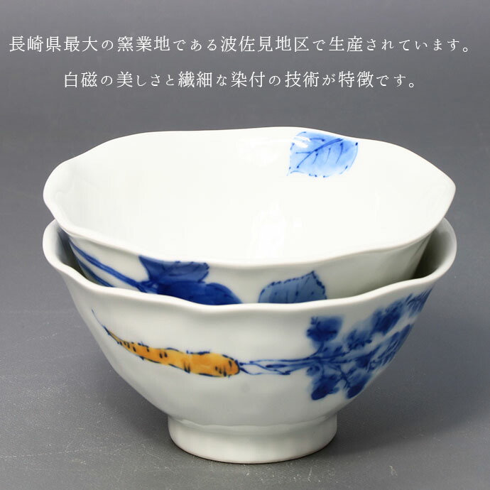 飯碗 2客セット 手描き 染付 陶磁器 走波 波佐見焼 手描き 野菜 飯碗 茶碗 ご飯茶碗 ペア 2柄セット 径12cm 日本
