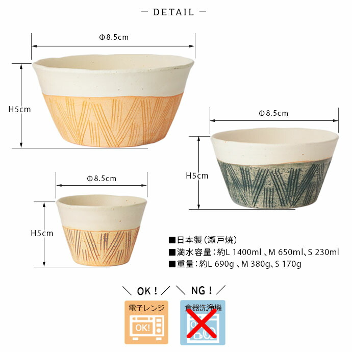 瀬戸焼 手描き 重ね彫り 3型セット 日本製 陶器 和食器 鉢 小鉢 豆鉢