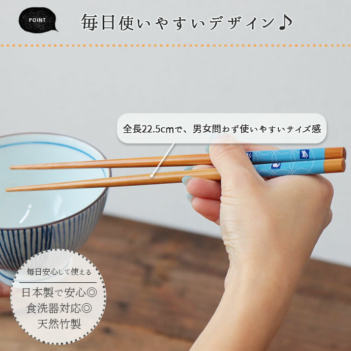 箸 食洗機対応 羽うさぎ 塗箸 5色セット 全長22.5cm 5膳 日本製 天然竹