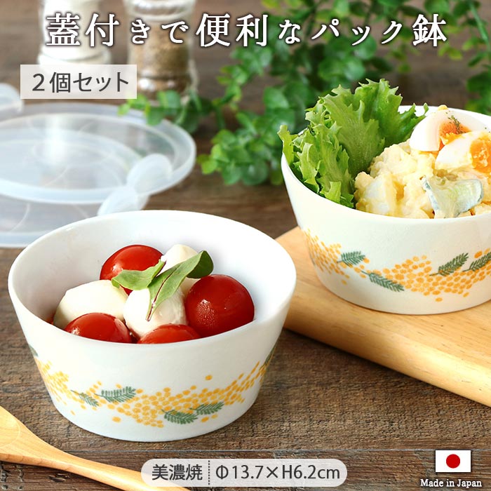 みのる陶器 美濃焼 ミモザ パック鉢 蓋付 M 径13.8cm 2個セット 日本製