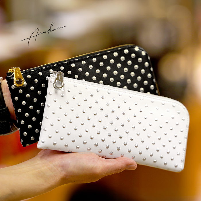 Arukan（アルカン） 長財布 L字ファスナー 本革 スタッズ 財布