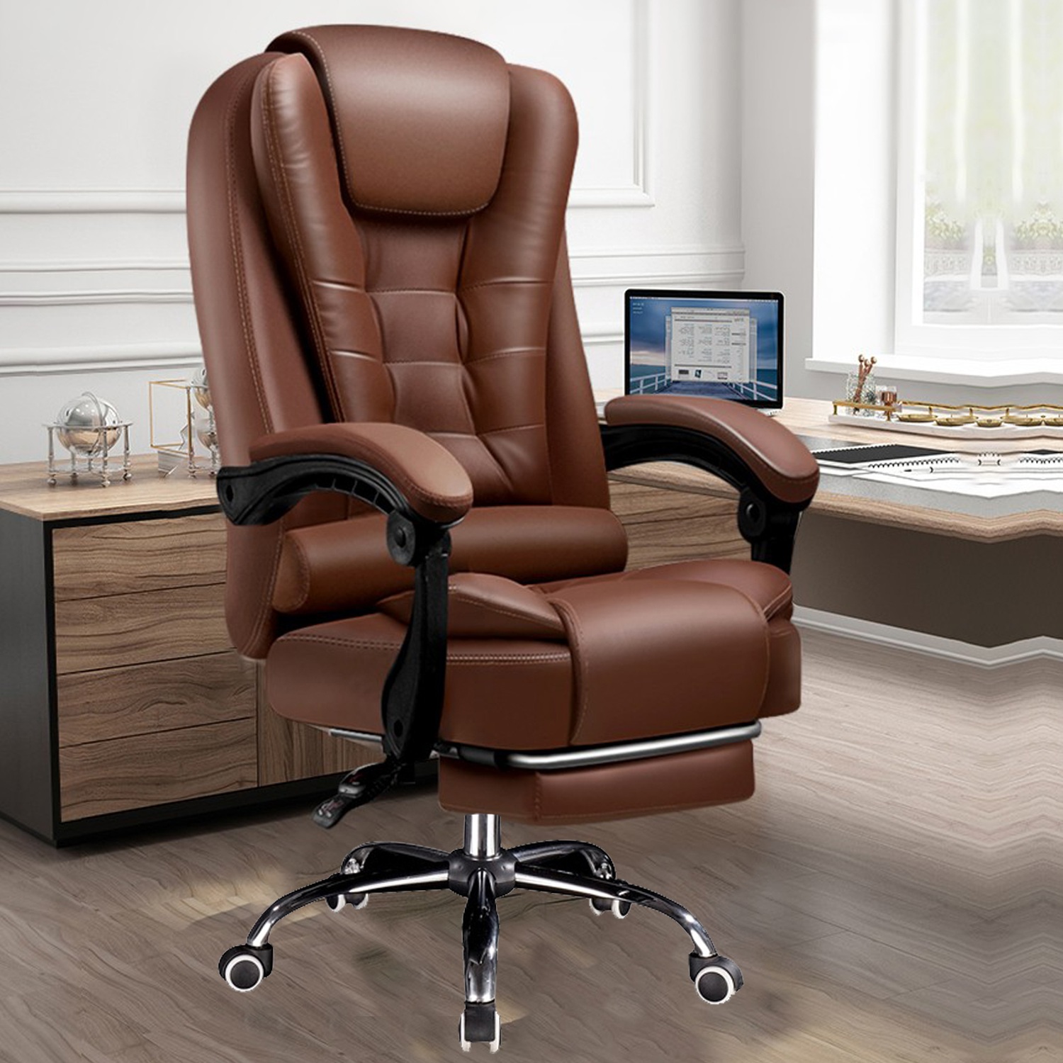 オフィスチェア デスクチェア パソコンチェア 360度回転 社長椅子 連動型肘掛け 昇降機能 肉厚座面 収納式フットレスト リクライニング