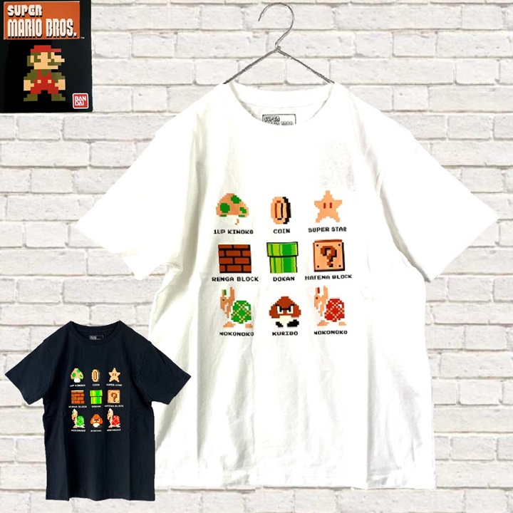 【SUPER MARIO BROS】 スーパーマリオ ブラザーズ Tシャツ コットン 綿 100% ユニセックス ドット 集合 Tシャツ ホワイト ネイビー 半袖｜is-closet