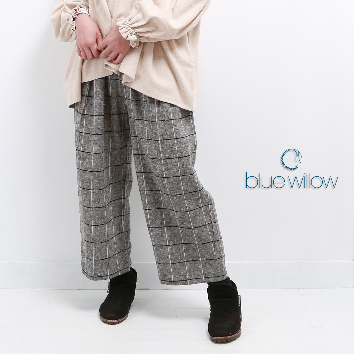 blue willow コットンリネン太番手ヘリンボーンタックワイドパンツ レディース ブルーウィロー 01DWP14545 服 ルック 40代 50代 ブランド 冬 秋 かわいい ゴム |  | 02