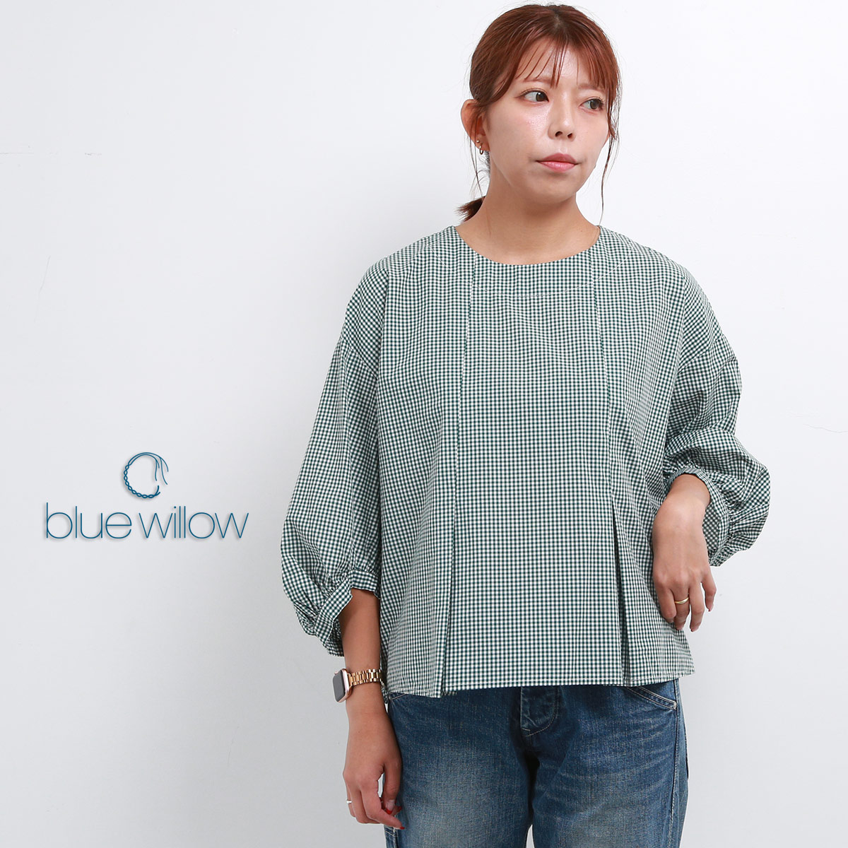 blue willow コットンギンガムチェックタックブラウス レディース 