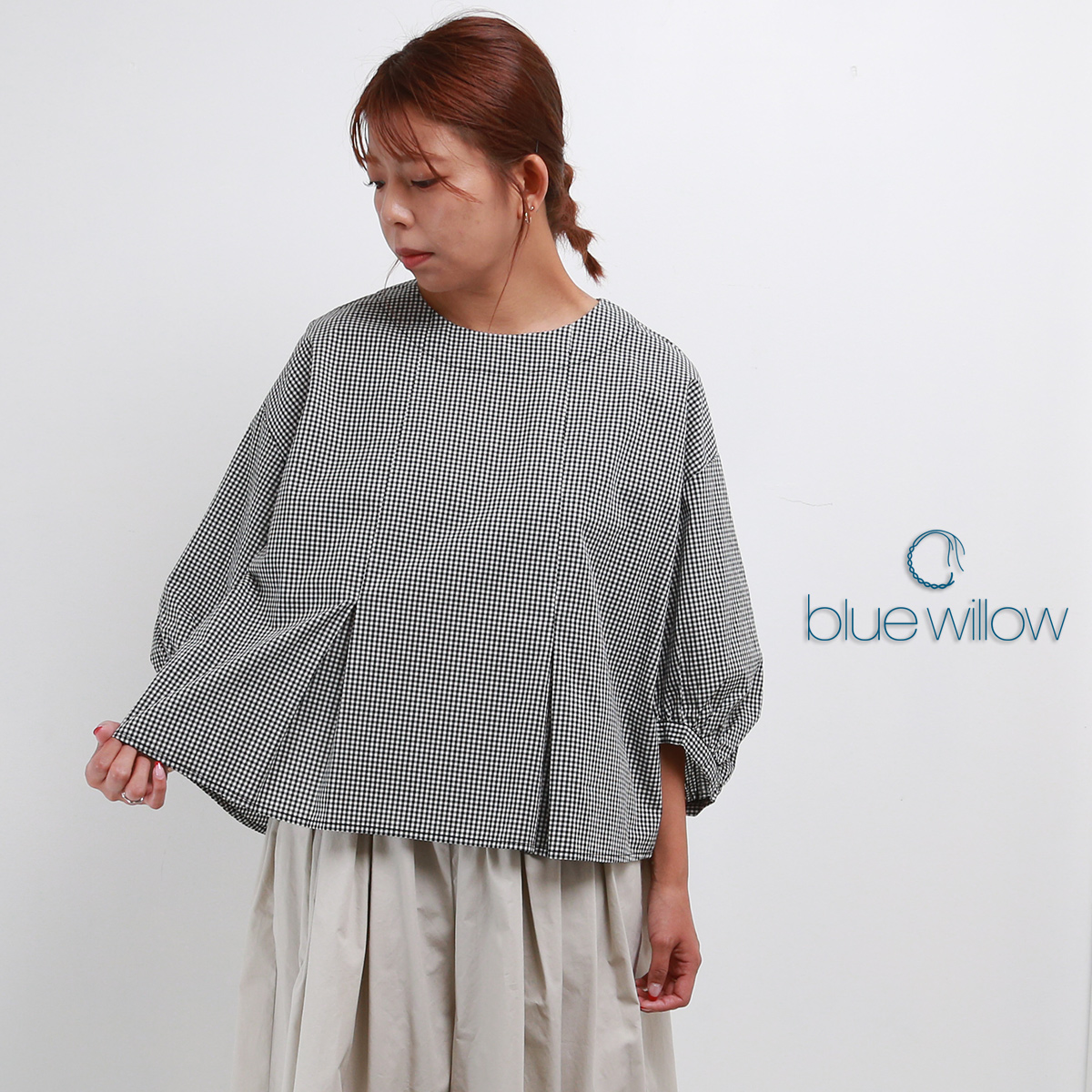 blue willow コットンギンガムチェックタックブラウス レディース