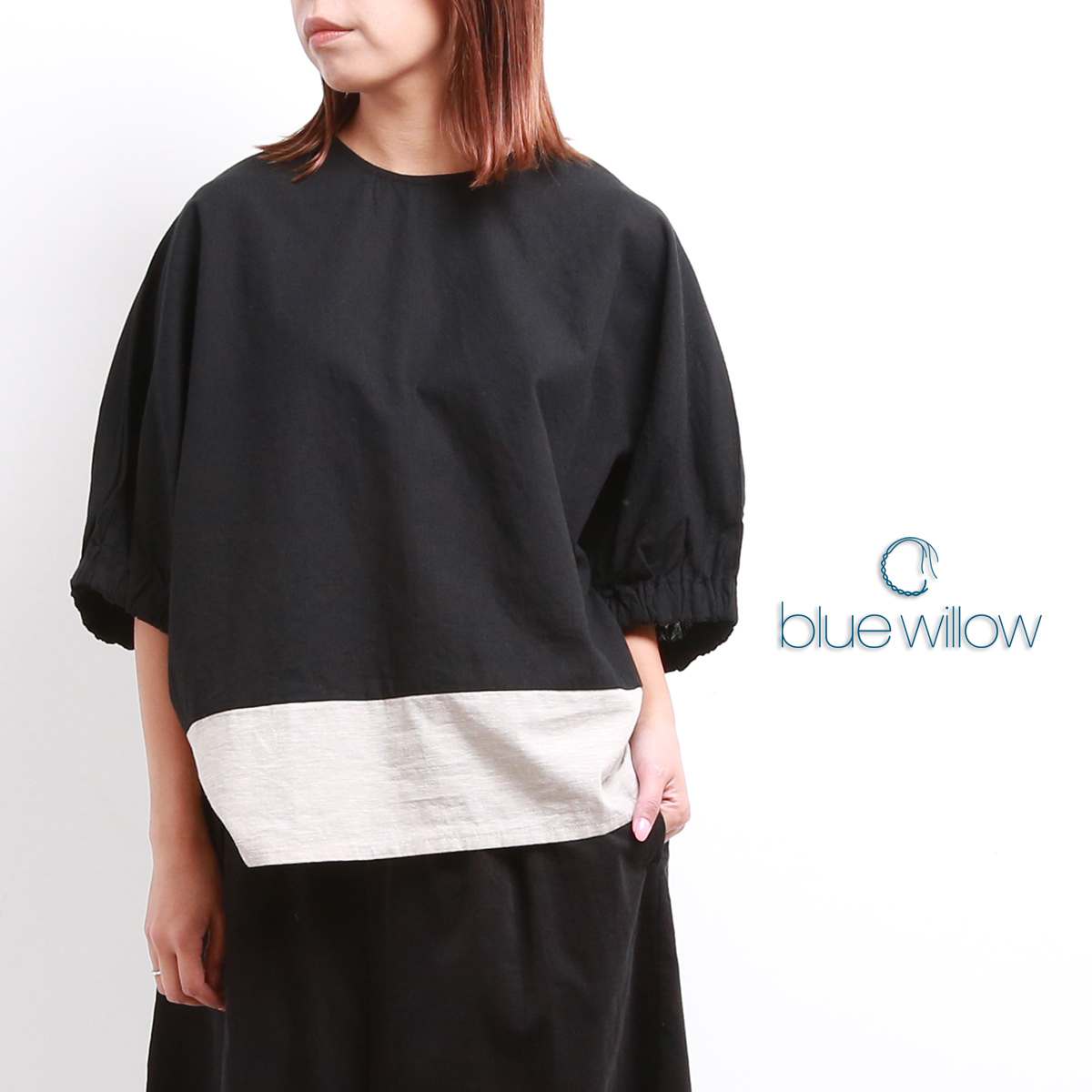 blue willow コットンリネン配色切替ドルマンブラウス レディース 