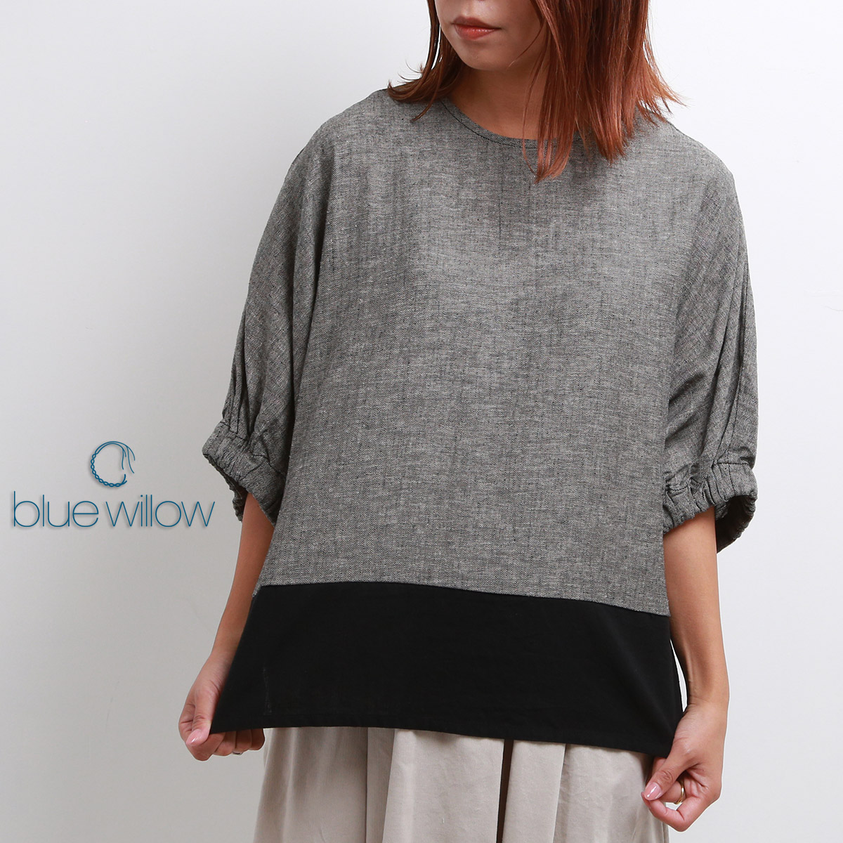 blue willow コットンリネン配色切替ドルマンブラウス レディース 