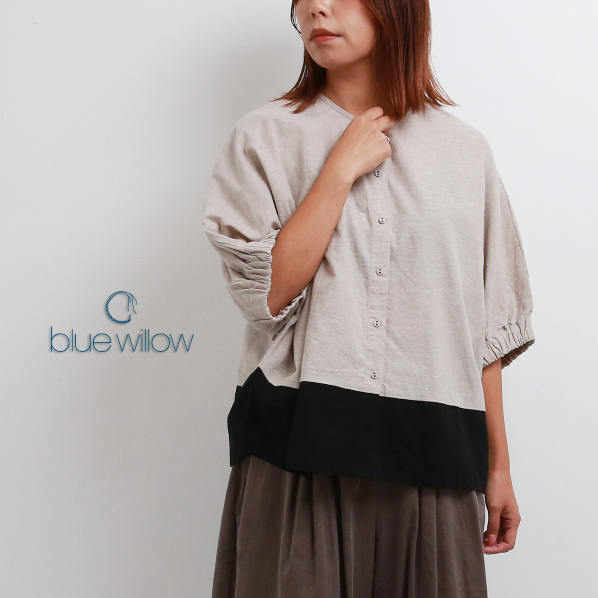 blue willow コットンリネン配色切替ドルマンブラウス レディース 