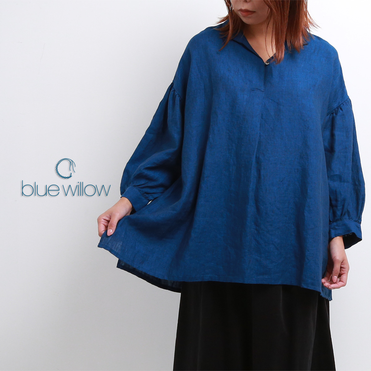 blue willow リネンオープンカラーチュニック レディース ブルー 