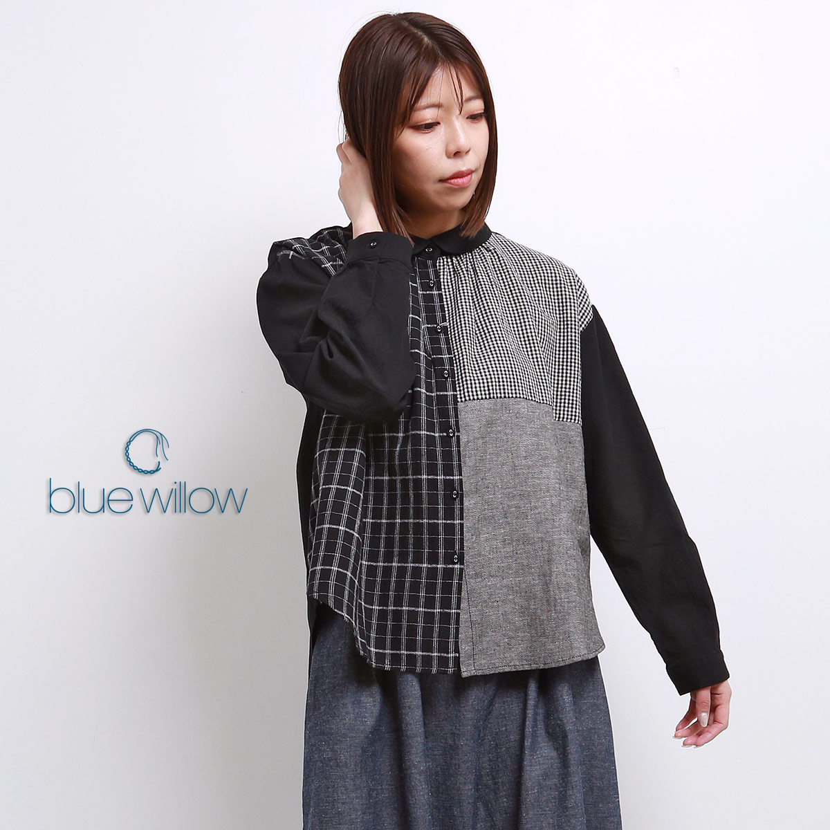 SALE 20%OFF】 blue willow コットンリネン パッチワーク ブラウス