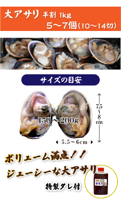 大アサリ 半割加工 1kg 5〜7個(10〜14切れ)
