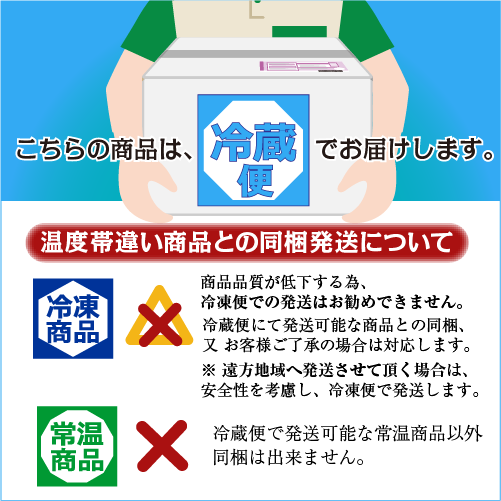 この商品は冷蔵便にてお届け致します。冷凍便での発送は品質低下の可能性がありますので、お勧めできませんが、遠方地域にお送りする場合や受取日数がかかる場合は、案税制を考慮し冷凍便にてお送り致します。