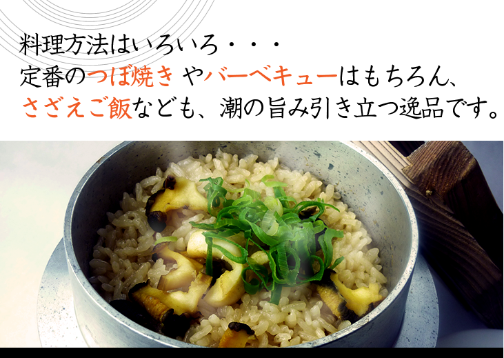 料理方法はいろいろ。定番のつぼ焼き やバーベキューはもちろん、さざえご飯なども、潮の旨み引き立つ逸品です。