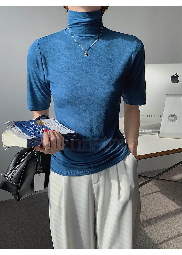 tシャツ レディース 春夏 半袖 タートルネック ハイネック  無地 カットソー ス uvカット 柔か インナー 伸縮性 薄手 5分袖 tシャツ レディース 春夏 半袖 タートルネック ハイネック 上品