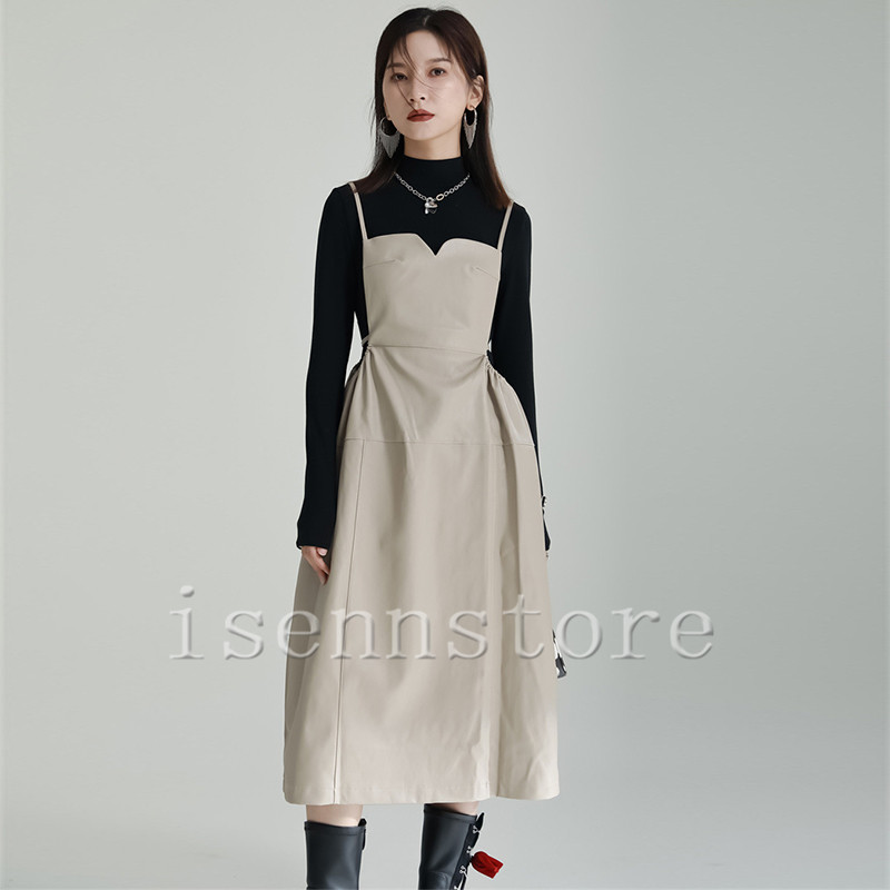 ジャンパースカート PU レザー ロング丈 秋 春 ジャンスカ
