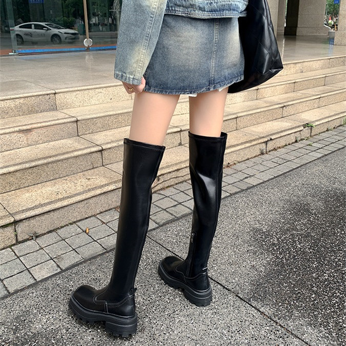ブーツ レディース 秋冬 ロングブーツ ストレッチ 厚底 トラック