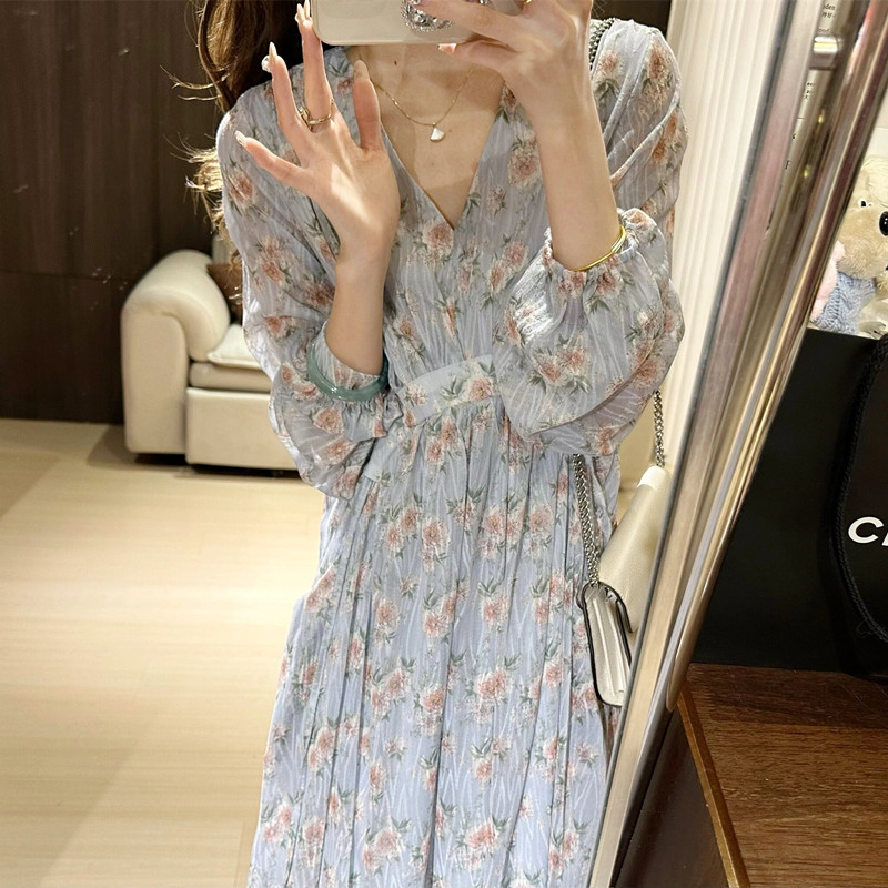 シフォンワンピース ロング フラワー Vネック ランタン 10167 シフォンワンピース ロング フラワー Vネック ランタン 10167