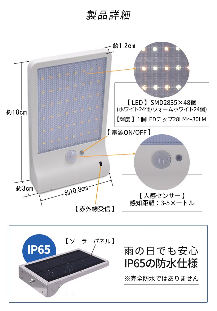 人感センサーソーラーライト 48LED センサーライト リモコン付き