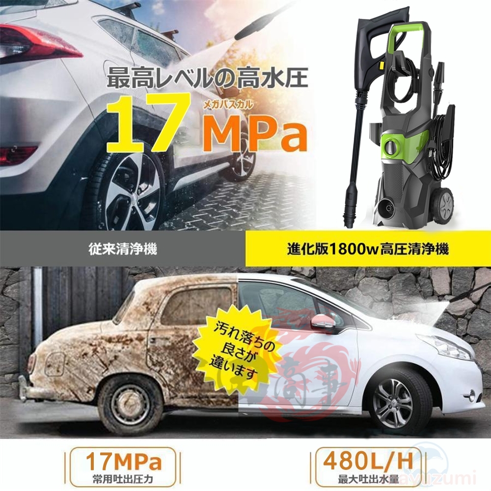 高圧洗浄機 コンパクト 強力噴射 自吸両用 1800W 17MPa 静音 水道直結