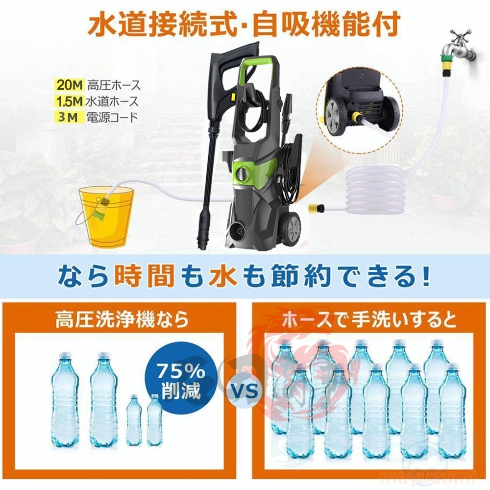 高圧洗浄機 コンパクト 強力噴射 自吸両用 1800W 17MPa 静音 水道直結